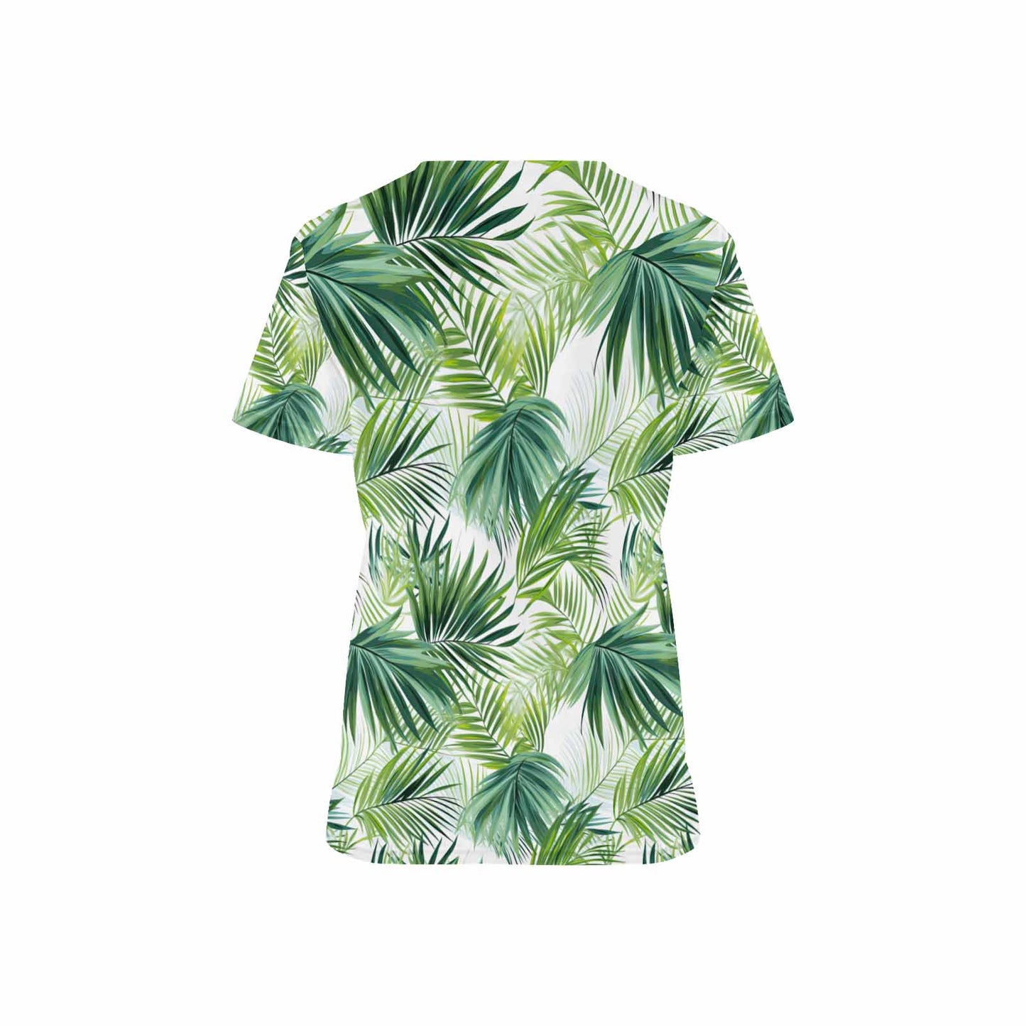 Tropical Green Leaves Women's V Neck Scrub Top Nurse Uniform with Deep Front Pockets