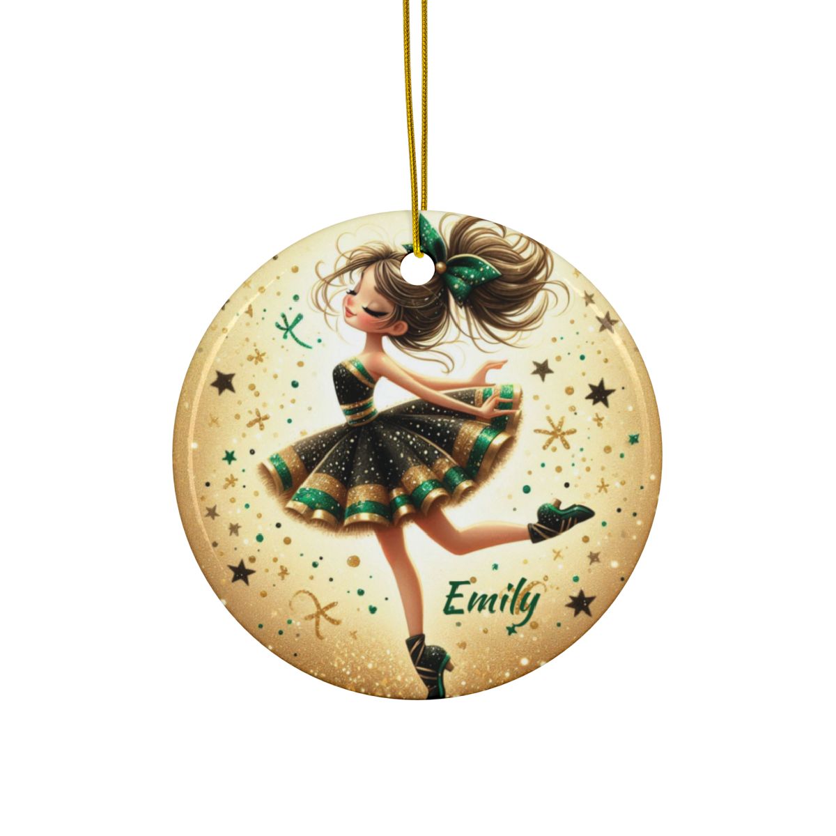 Cheerleader Ornament, Personalized Holiday Decor, Cheerleader Gift, Ceramic Christmas Ornament, Custom Cheer Decor, Gold and Green