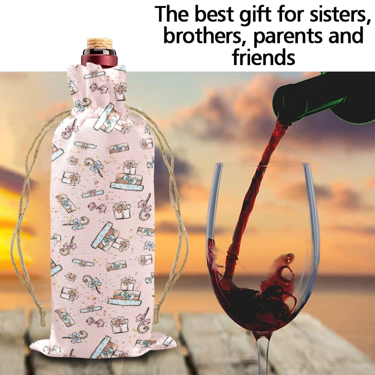 Pink Xmas Linen Wine Bottle Bag