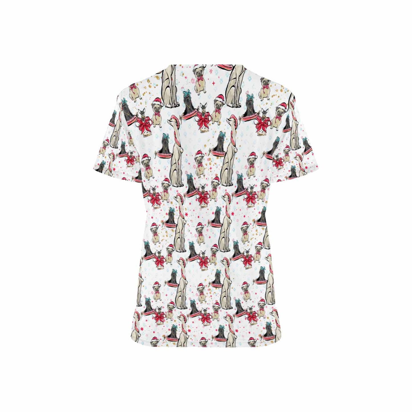 Doggie Christmas White Women's V Neck Scrub Top Nurse Uniform with Deep Front Pockets