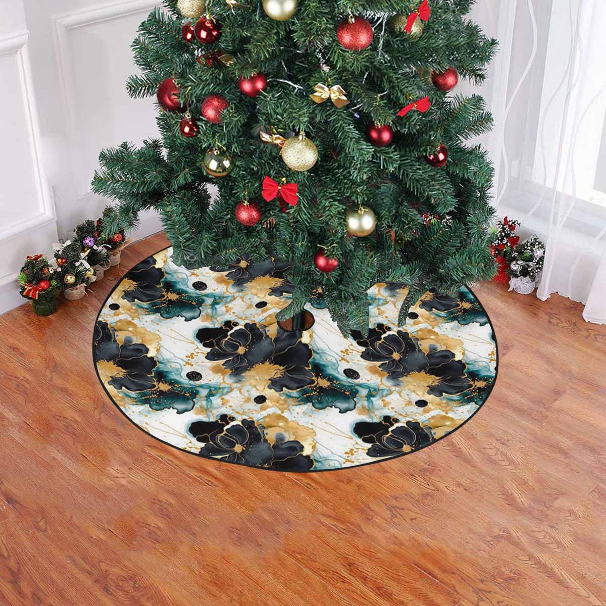Black Gold & Green Ink Floral Christmas Tree Skirt