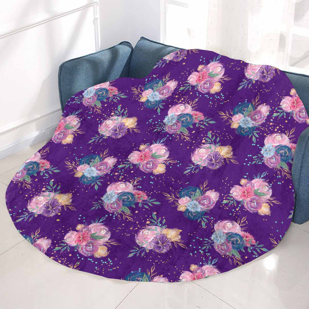 Purple Floral Circular Micro Fleece Blanket 60"