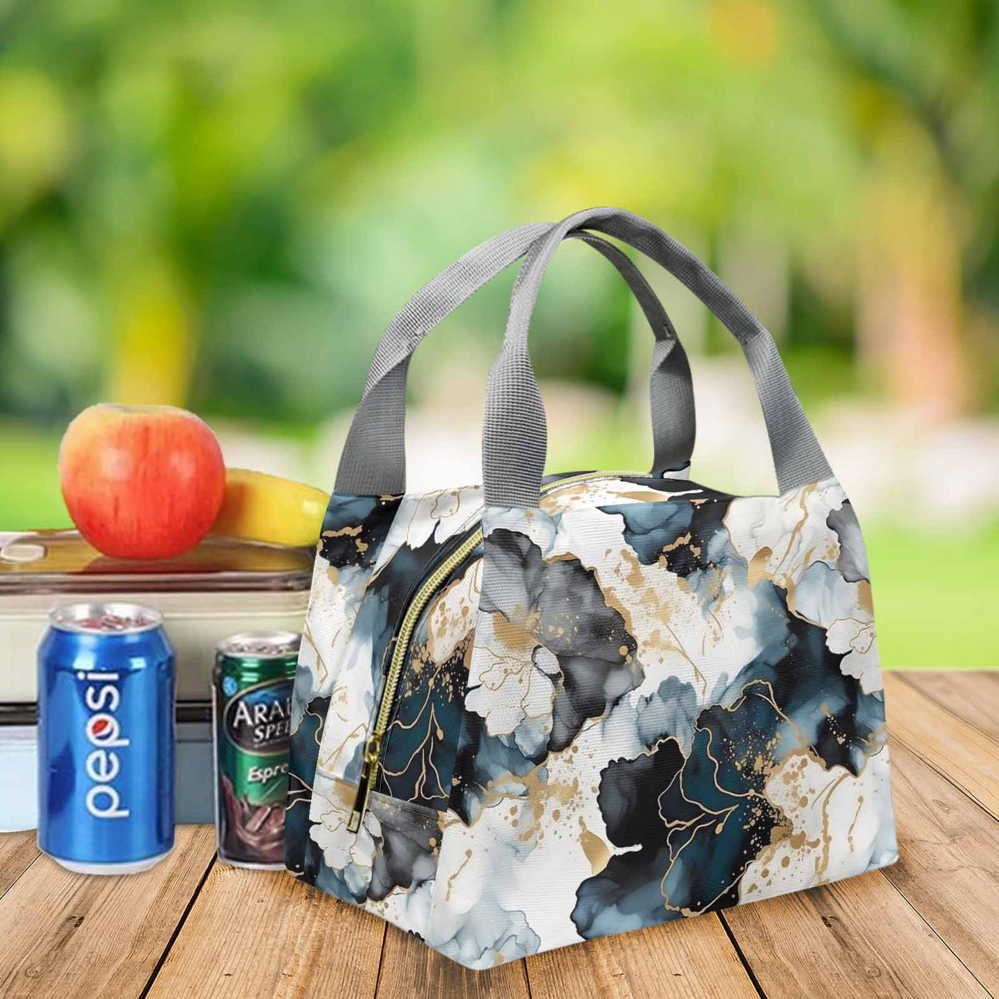 Black Ink Floral Portable Lunch Bag-Grey Handle