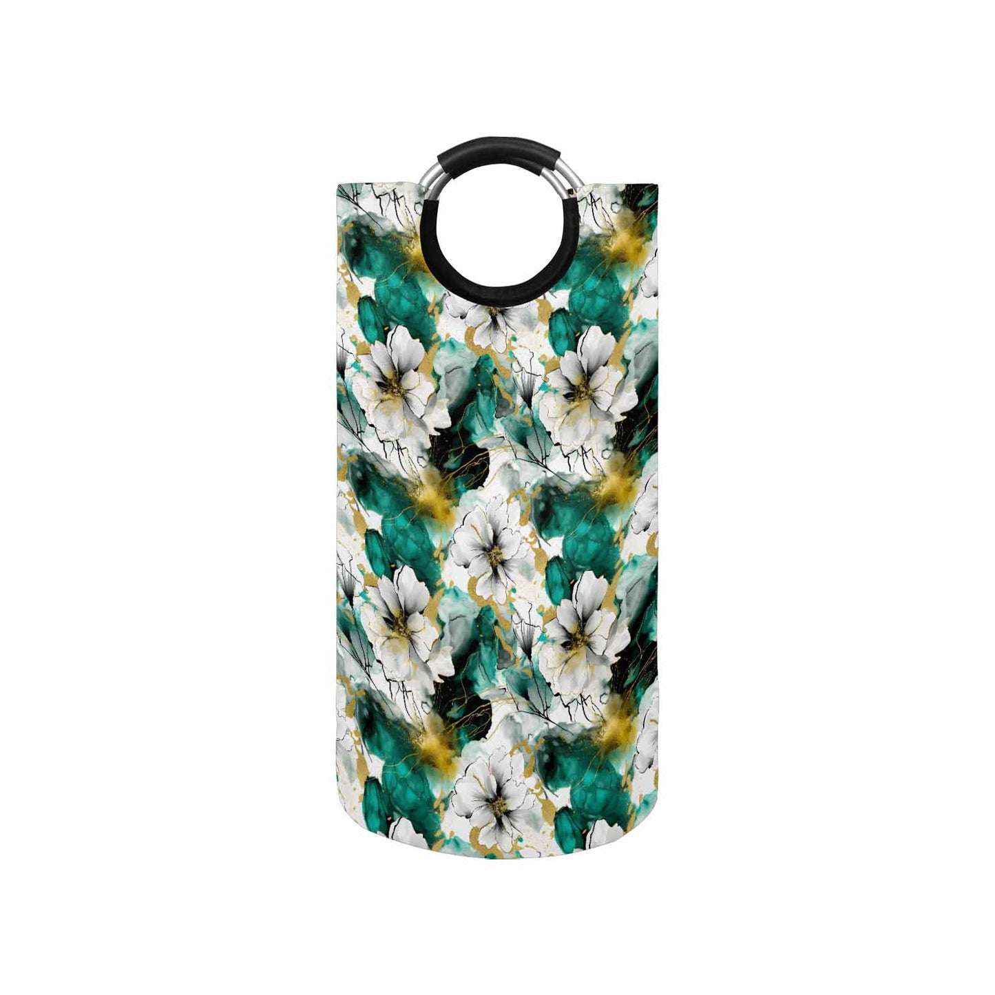 Green and White Ink Floral Round Laundry Basket