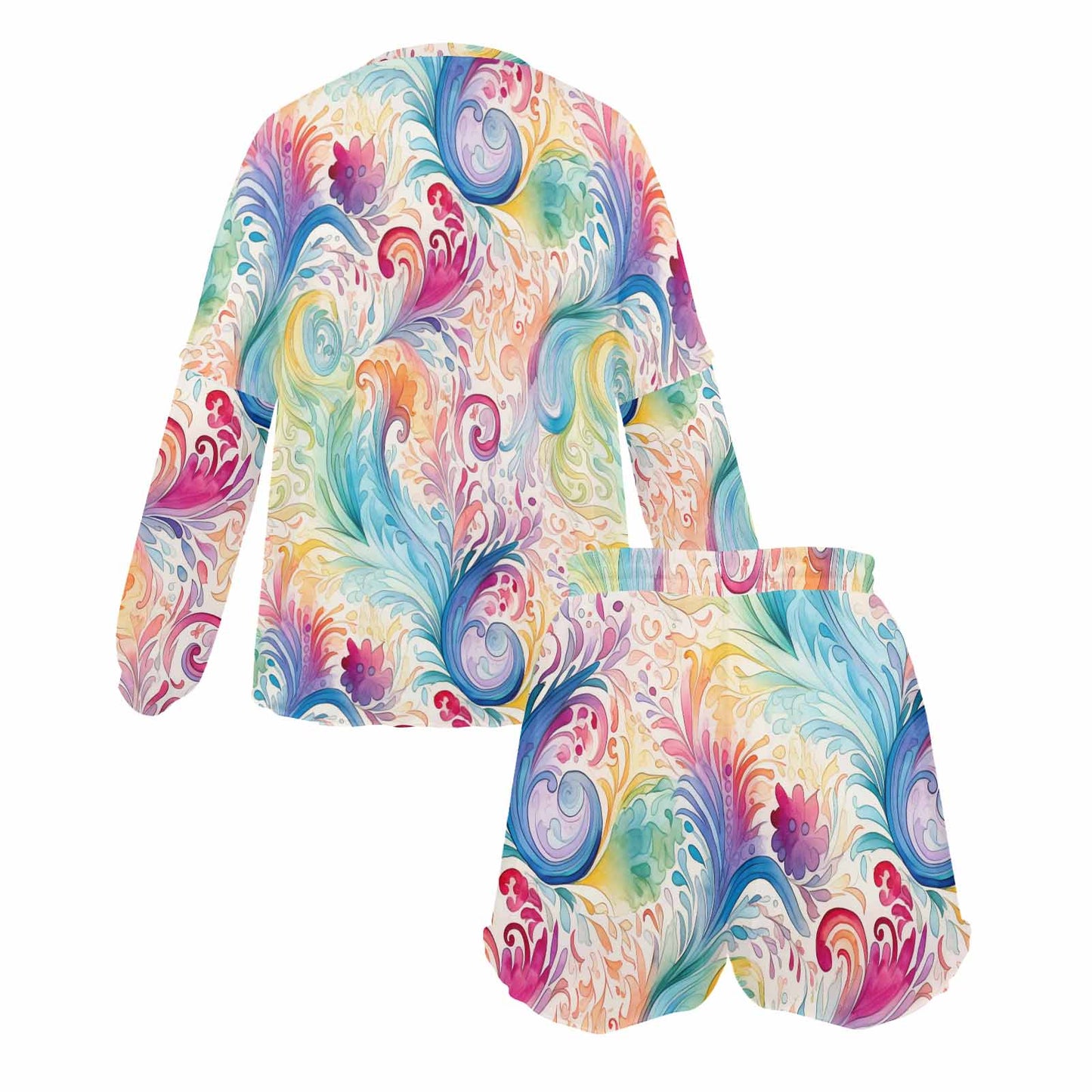 Pastel Rainbow Paisley Women's Long Sleeve Pajama Set with Shorts