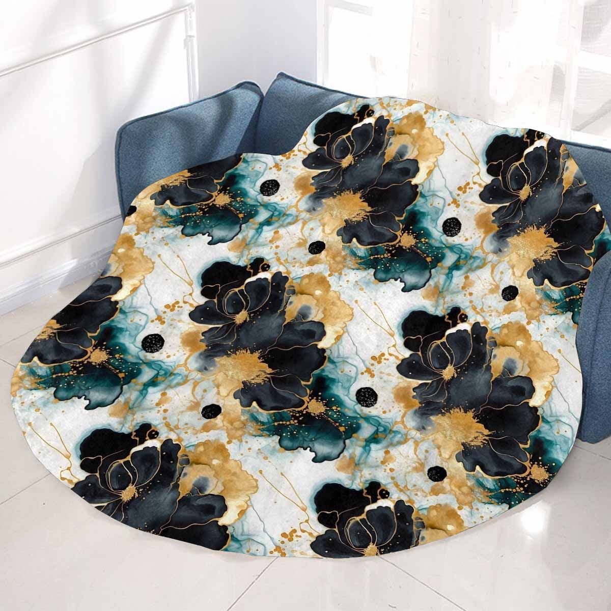 Black Gold & Green Ink Floral Circular Micro Fleece Blanket 47"