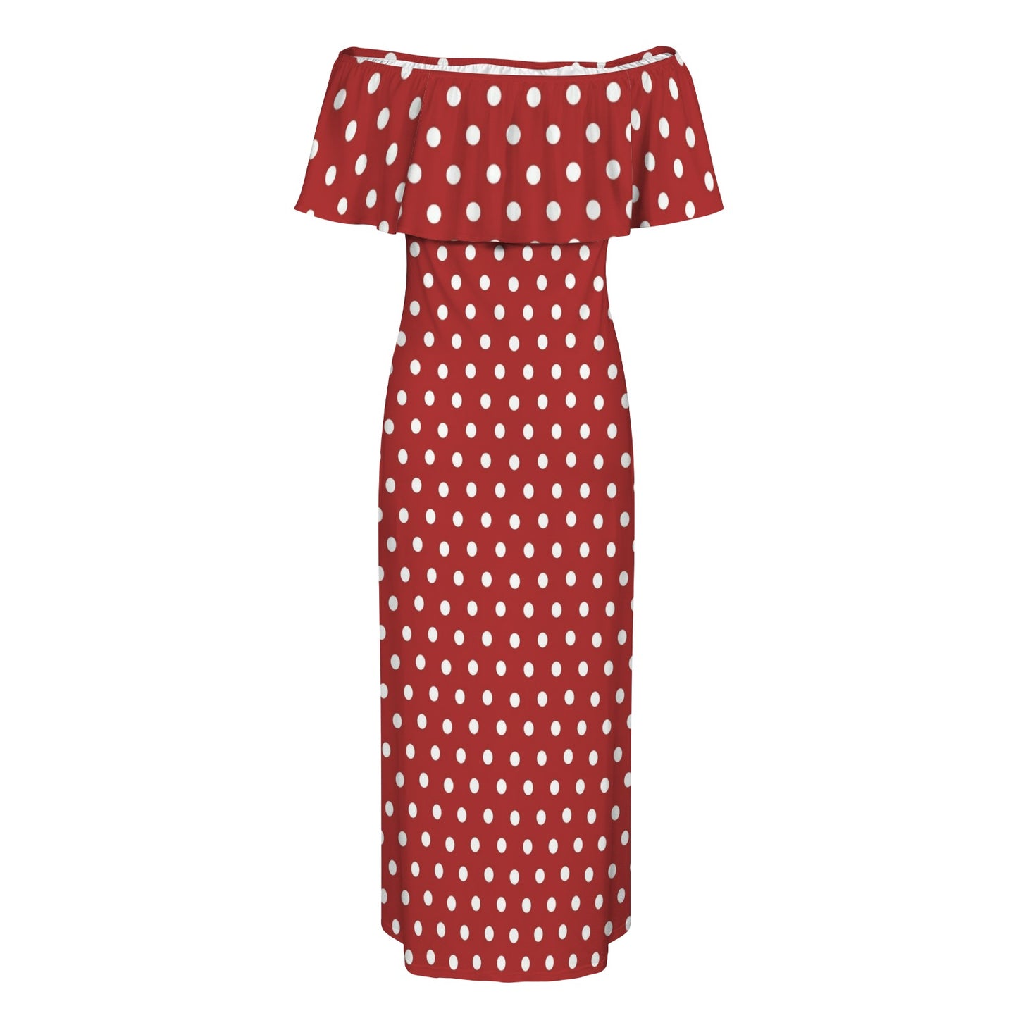 Rockabilly Red White Polka Dots Women's Off Shoulder Ruffle Boat Neck Dress (Model D71)