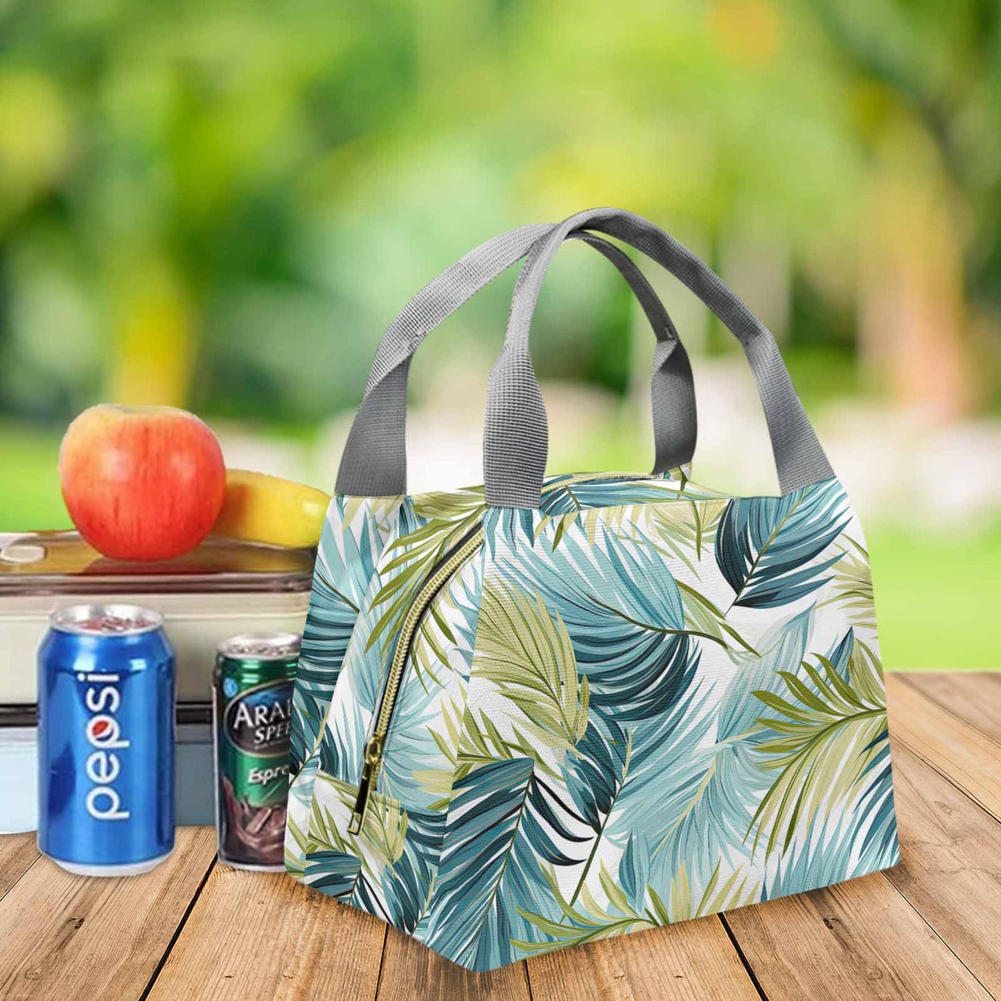 Palm Leaves Blue Green Portable Lunch Bag-Grey Handle