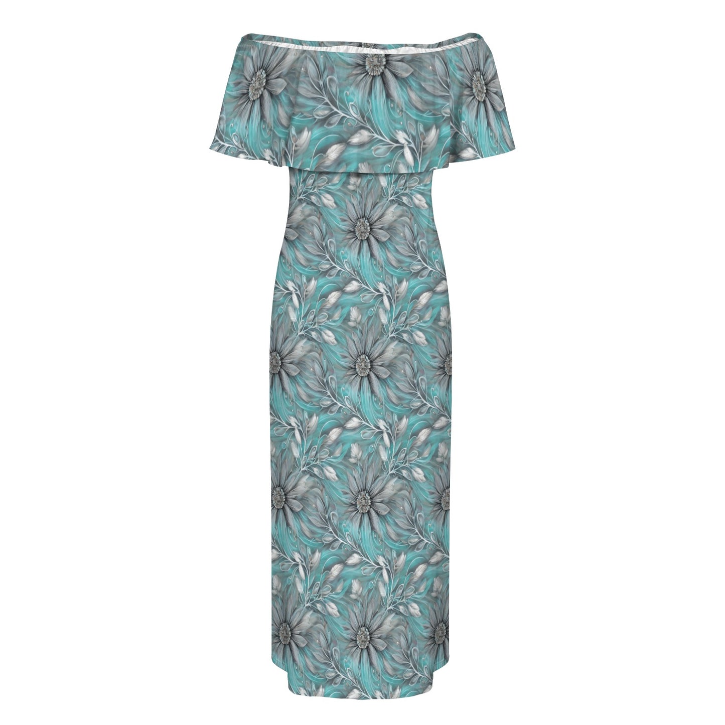 Green Elegant Floral Women's Off Shoulder Ruffle Boat Neck Dress (Model D71)