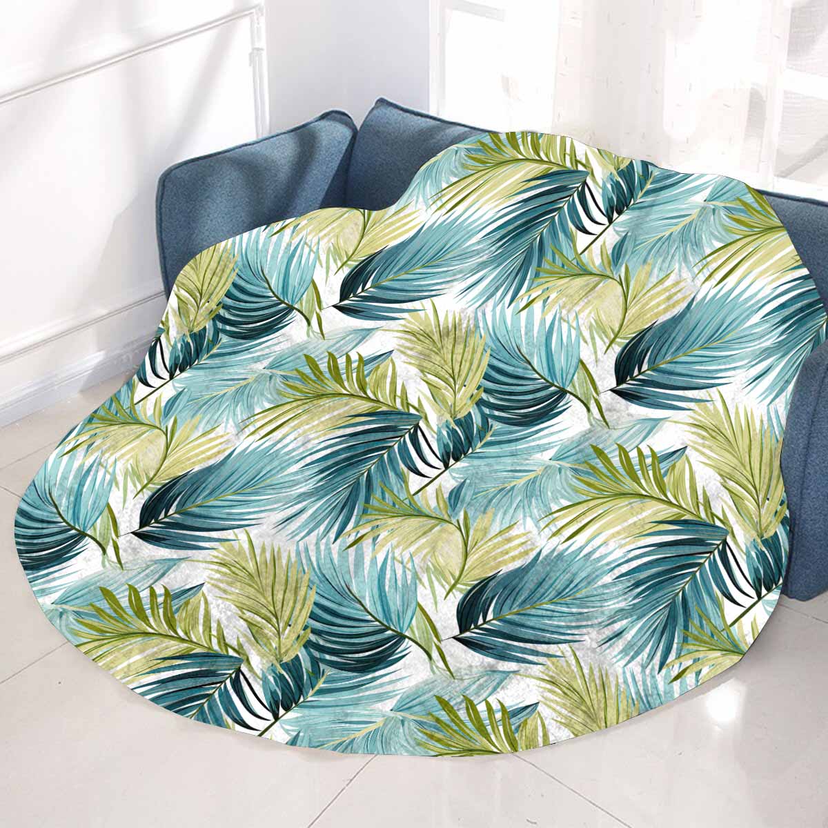 Palm Leaves Blue Green Circular Micro Fleece Blanket 60"