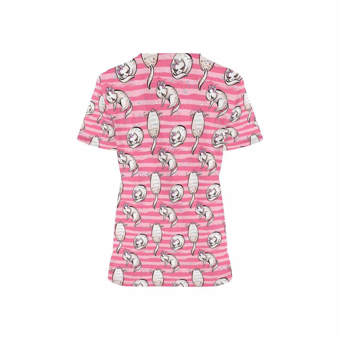Pink Cats Women's V Neck Scrub Top Nurse Uniform with Deep Front Pockets