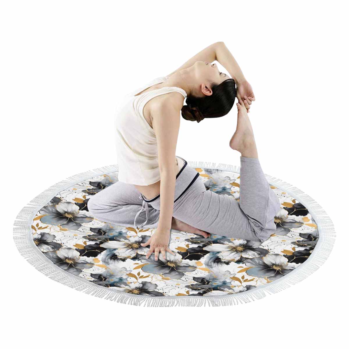 Black White and Gold Circular Beach Towel Shawl 59"