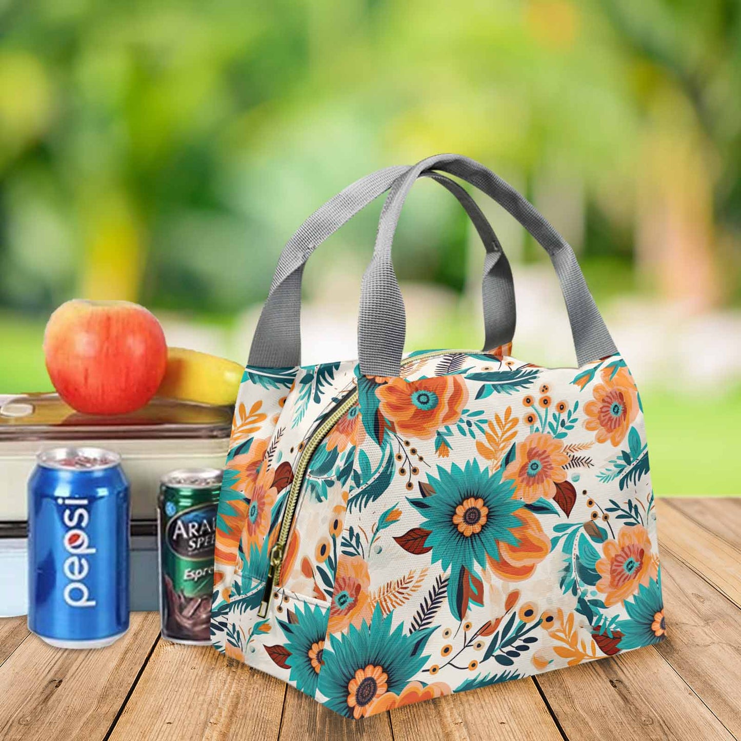 Boho Retro Floral Portable Lunch Bag-Grey Handle