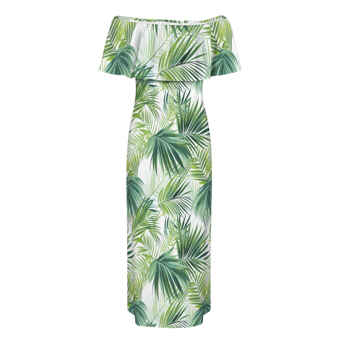 Green Palm Leaves Women's Off Shoulder Ruffle Boat Neck Dress (Model D71)