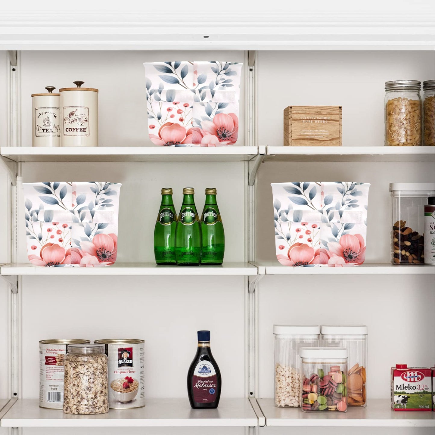 Apricot and Grey Floral Fabric Storage Basket