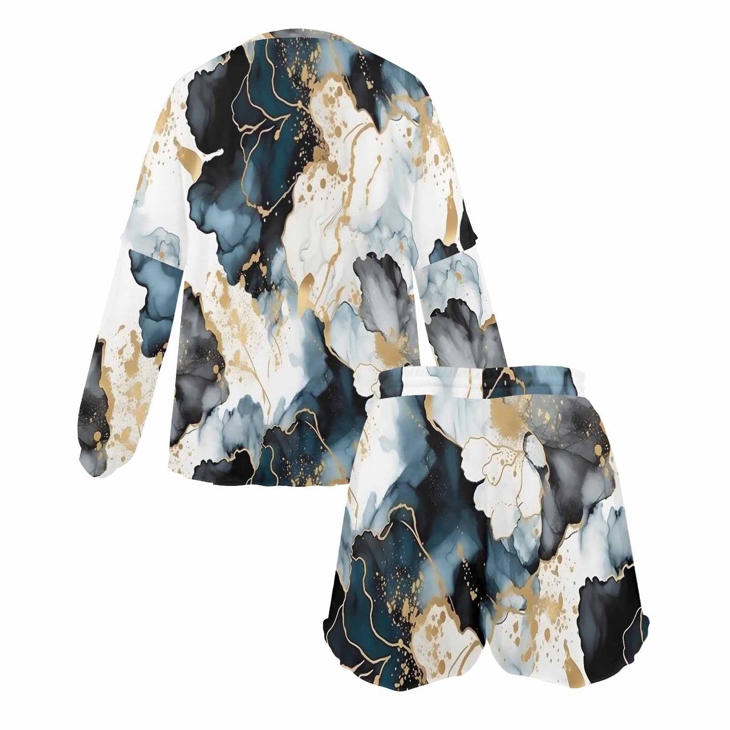 Black Ink Floral Women's Long Sleeve Pajama Set with Shorts