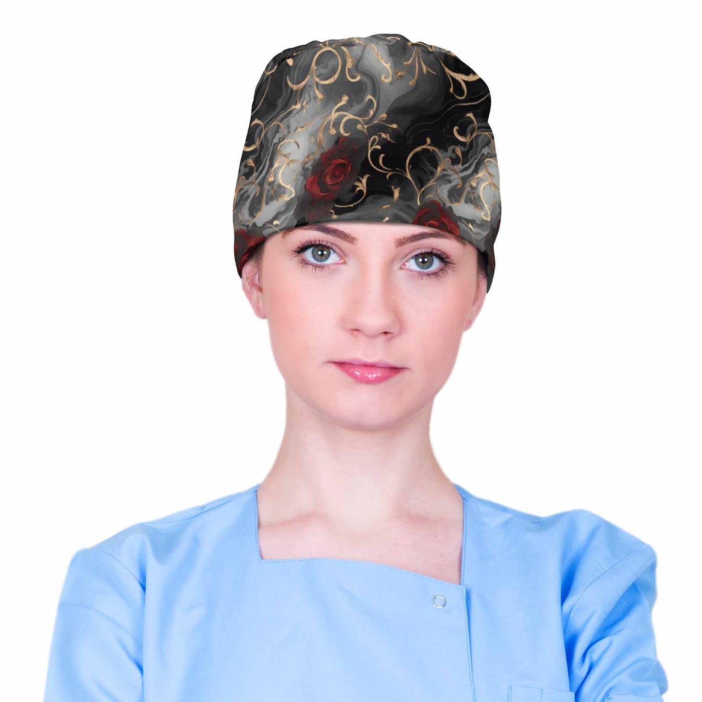 Nurse Scrub Cap Black and Red Roses Scrub Cap