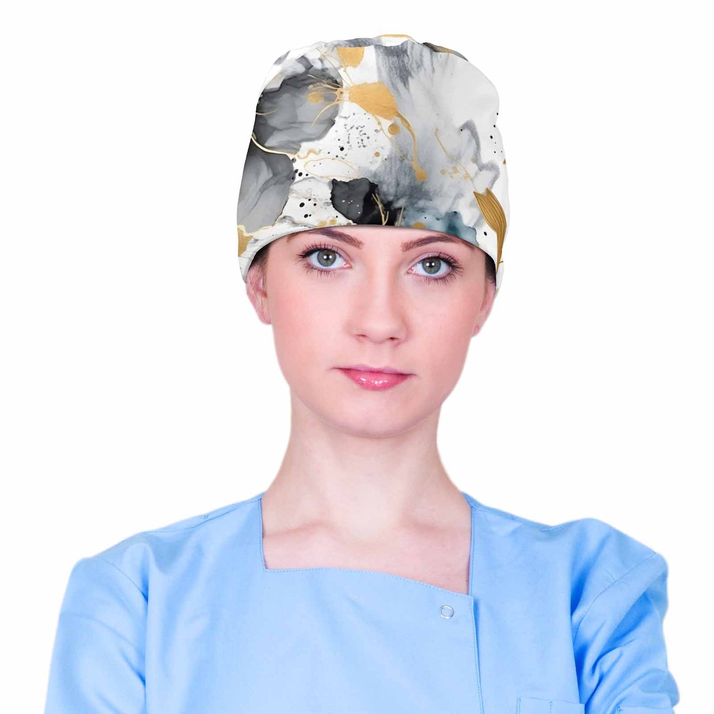 Nurse Scrub Cap Alcohol Ink Grey White and Gold Floral Scrub Cap