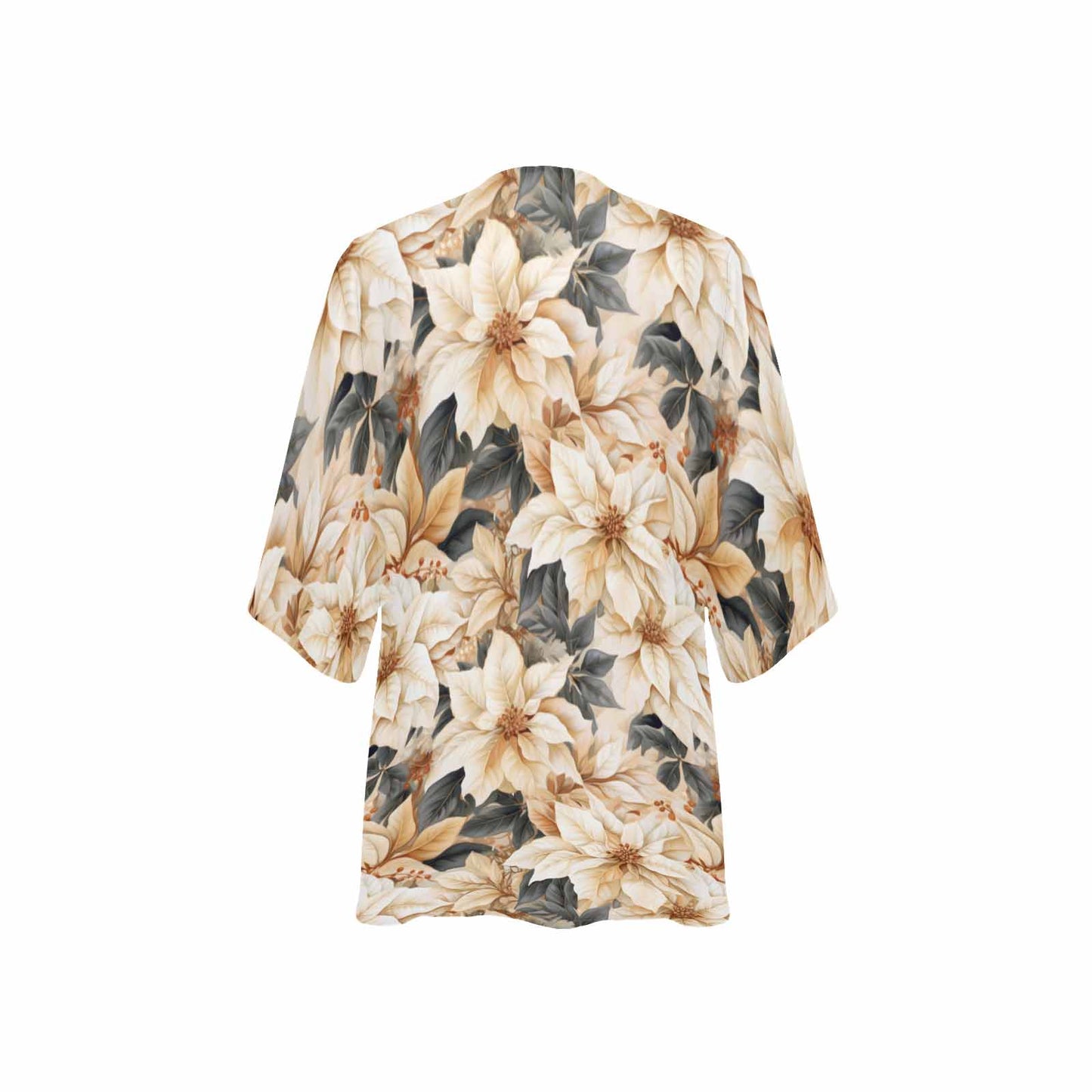 Cream Poinsettia2 Women's Kimono Chiffon Cover Up
