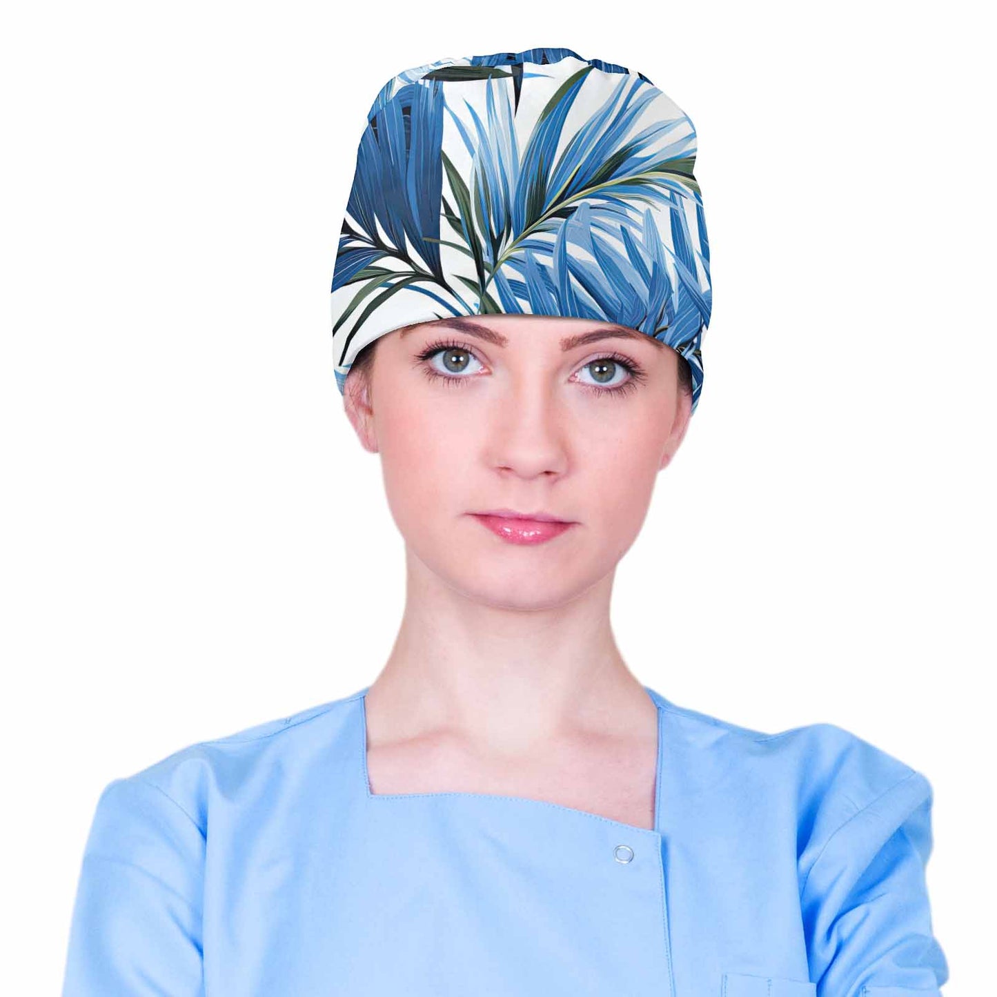 Tropical Palm Leaves Blue Scrub Cap