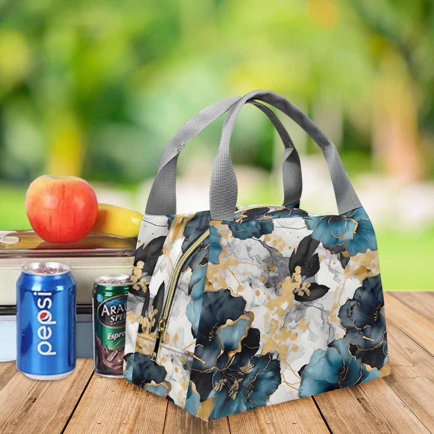 Blue & Gold Ink Floral Portable Lunch Bag-Grey Handle