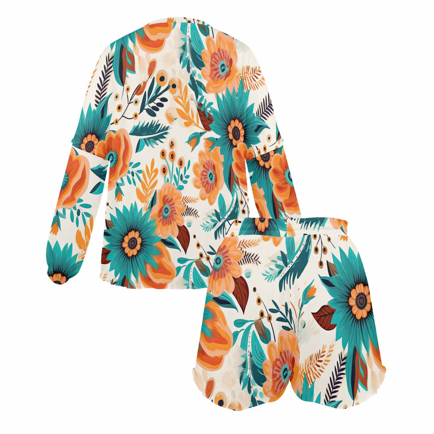 Boho Retro Floral Women's Long Sleeve Pajama Set with Shorts