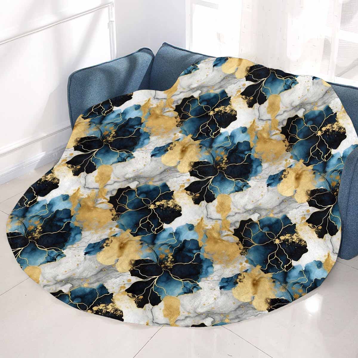 Blue Ink Floral Circular Micro Fleece Blanket 47"