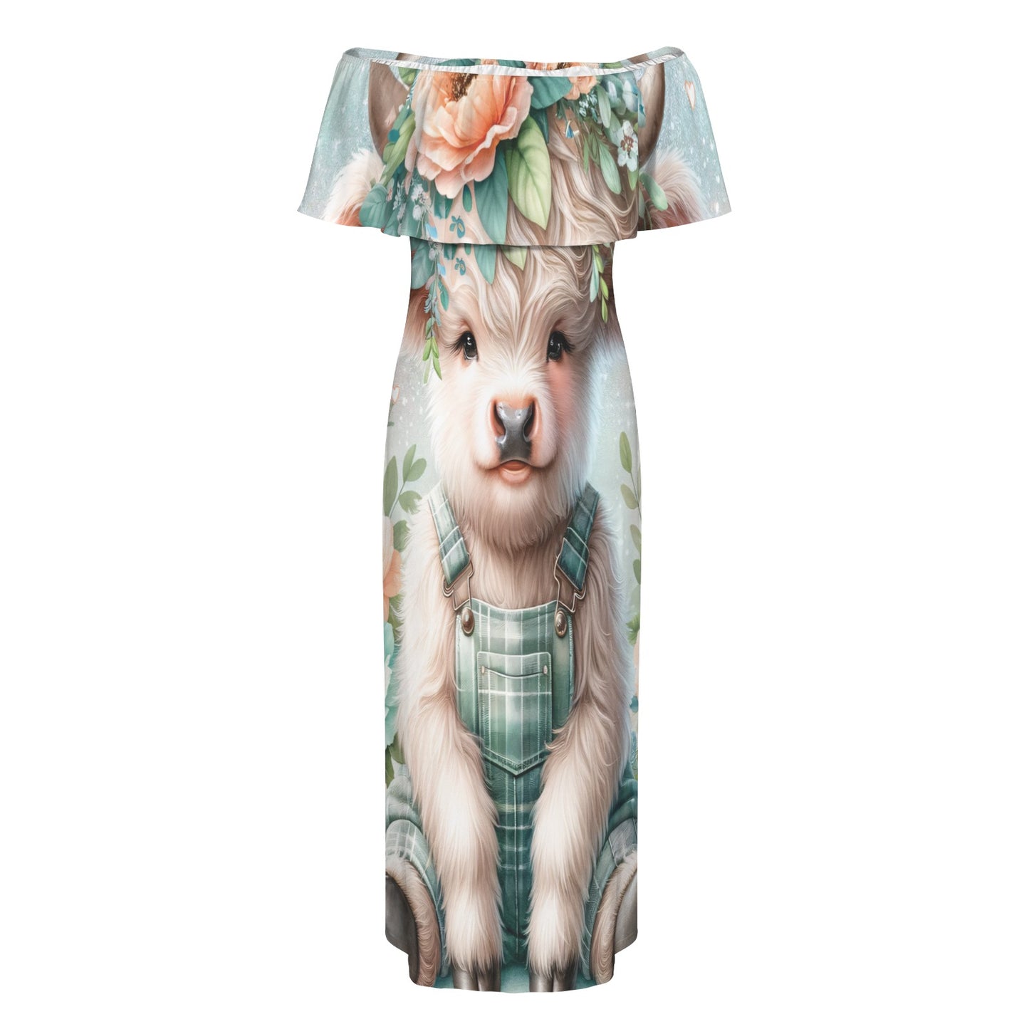 Highland Cow awd1158 Women's Off Shoulder Ruffle Boat Neck Dress (Model D71)