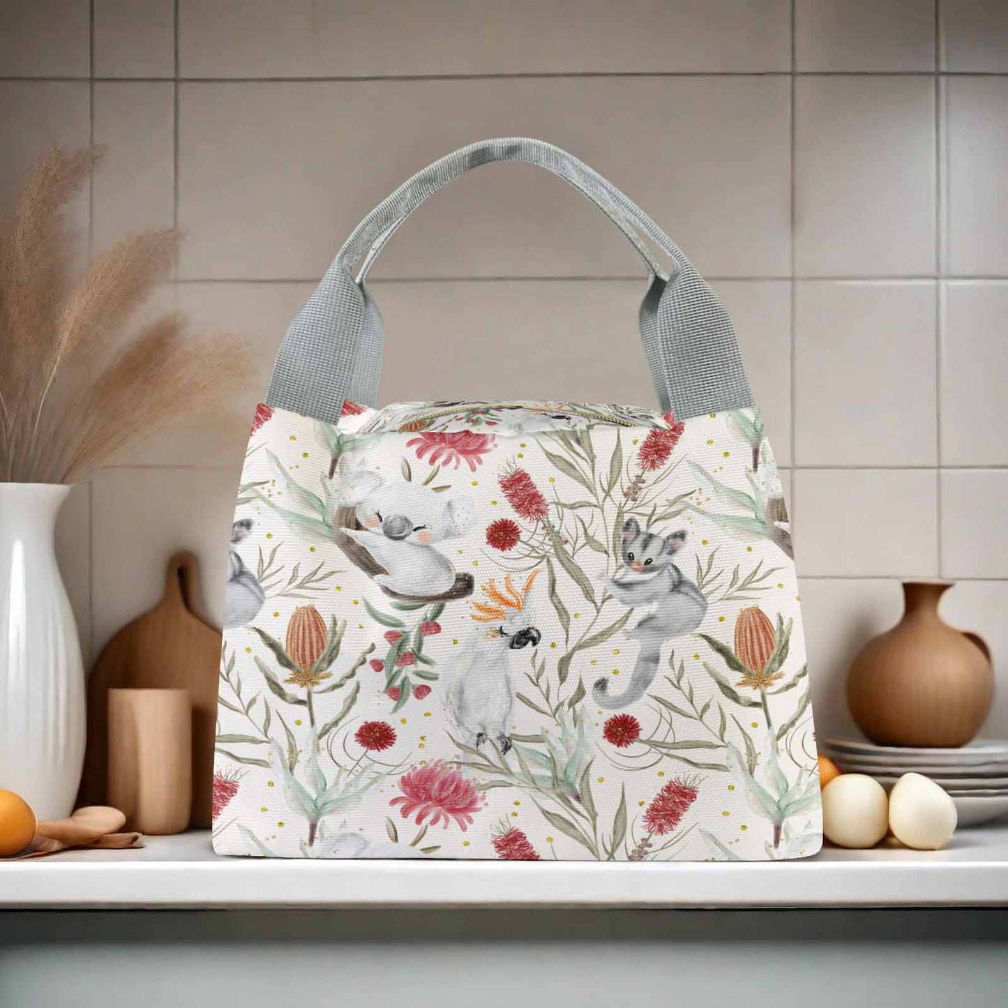 Australian Animals, Koala Cockatoo and Sugar Glider Portable Lunch Bag-Grey Handle