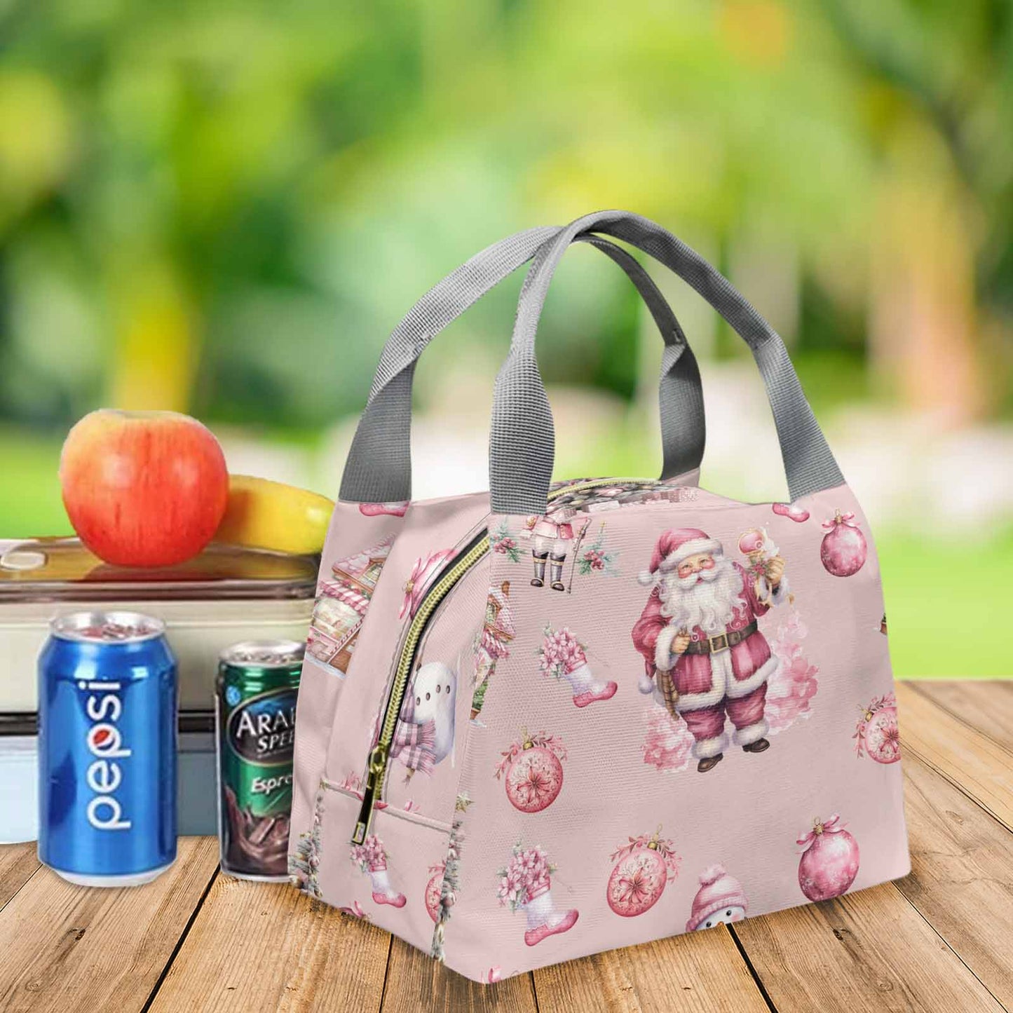 Pink Christmas design 50 Portable Lunch Bag-Grey Handle