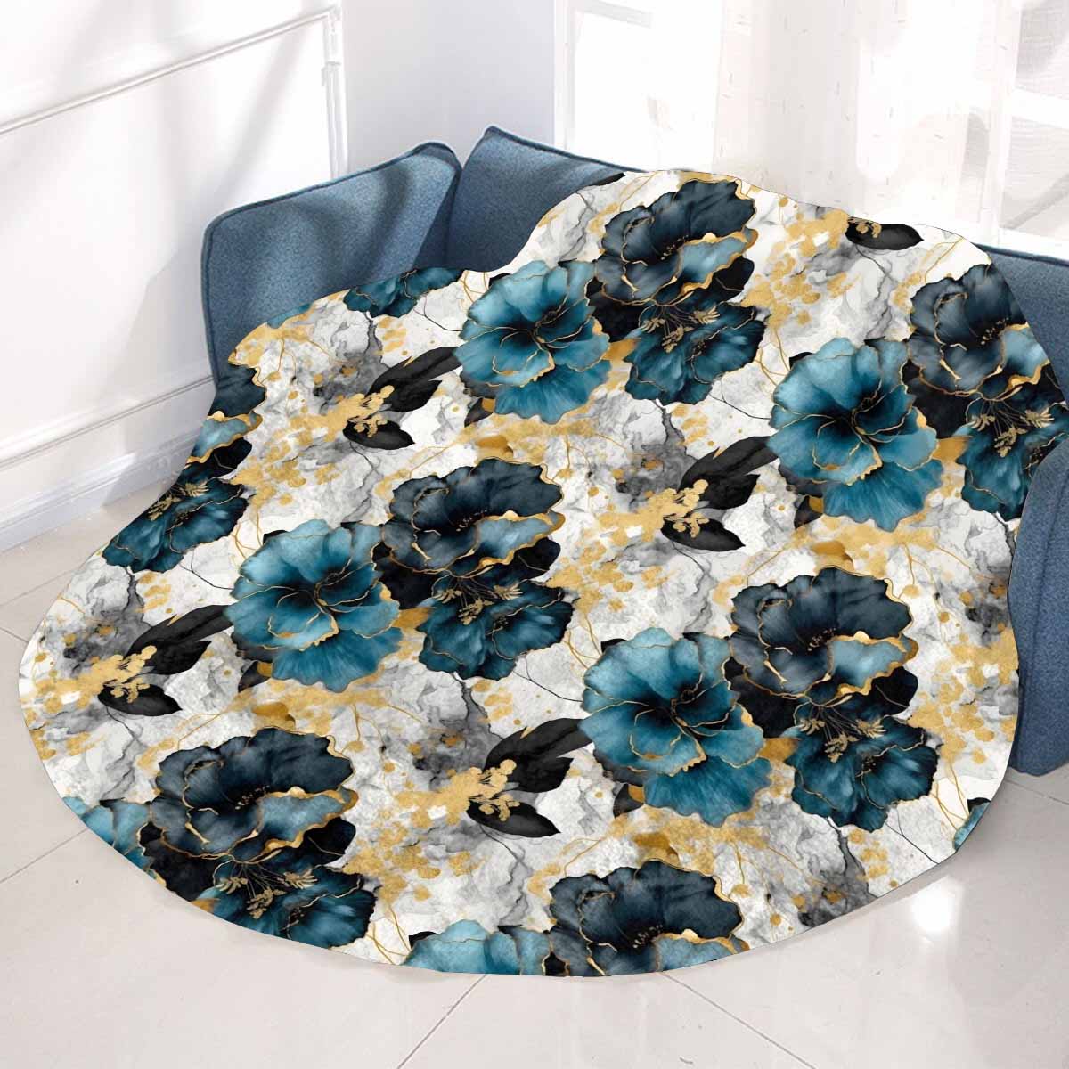 Blue & Gold Ink Floral Circular Micro Fleece Blanket 60"