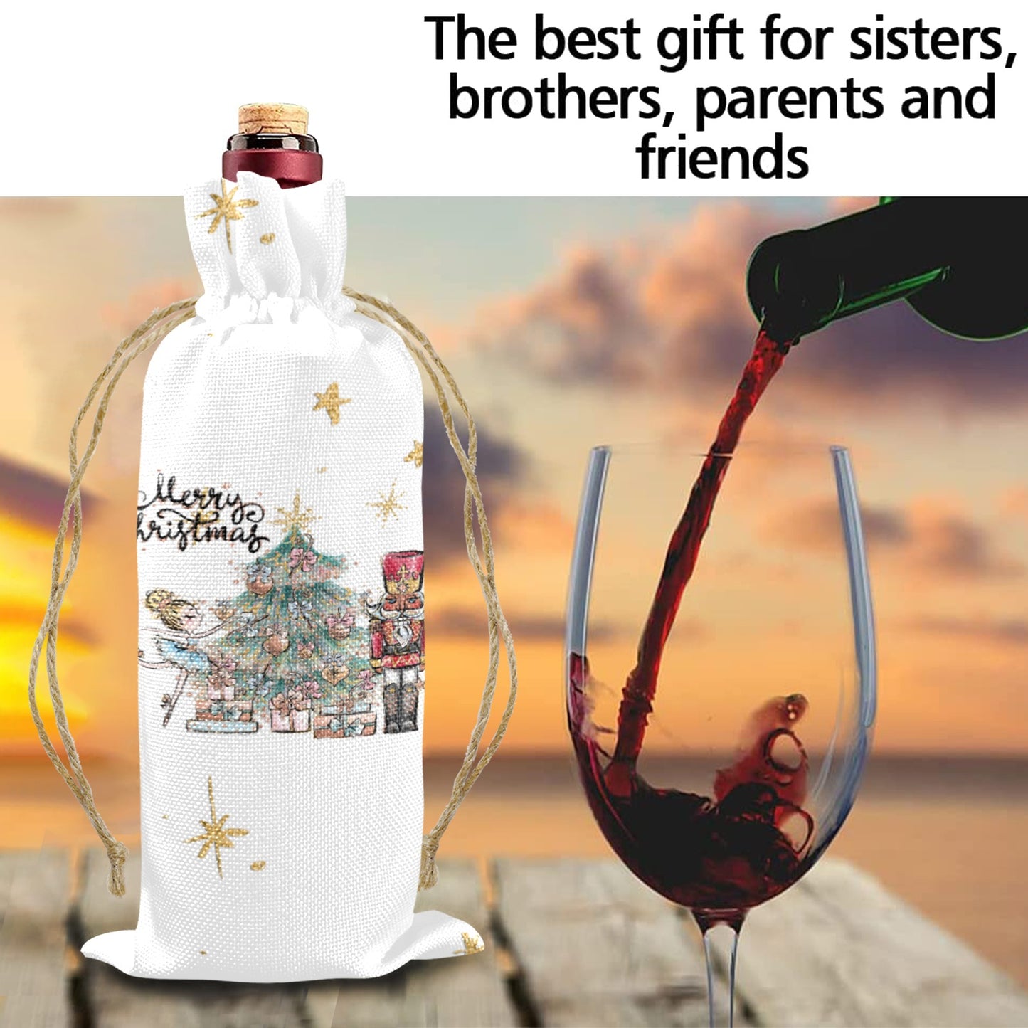 Merry Christmas Nutcracker Sugar Plum Fairy Linen Wine Bottle Bag