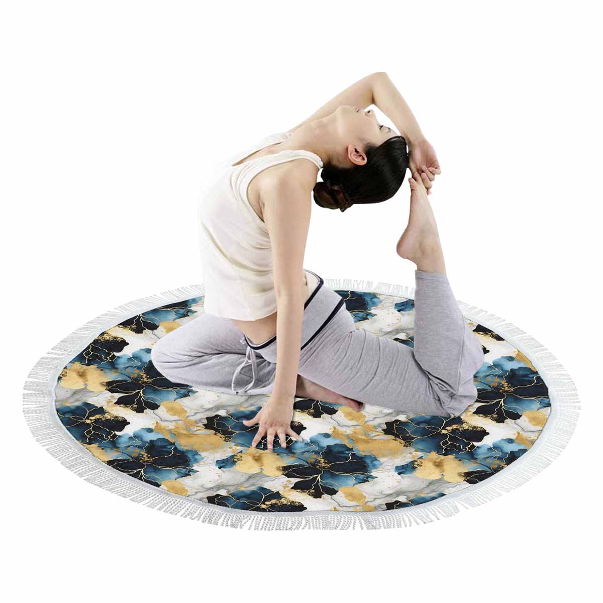 Blue Ink Floral Circular Beach Towel Shawl 59"