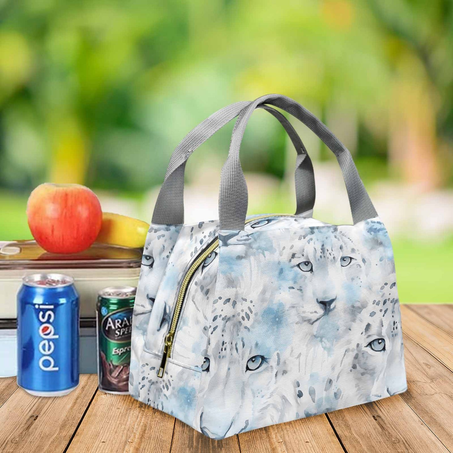 White Leopard Portable Lunch Bag-Grey Handle