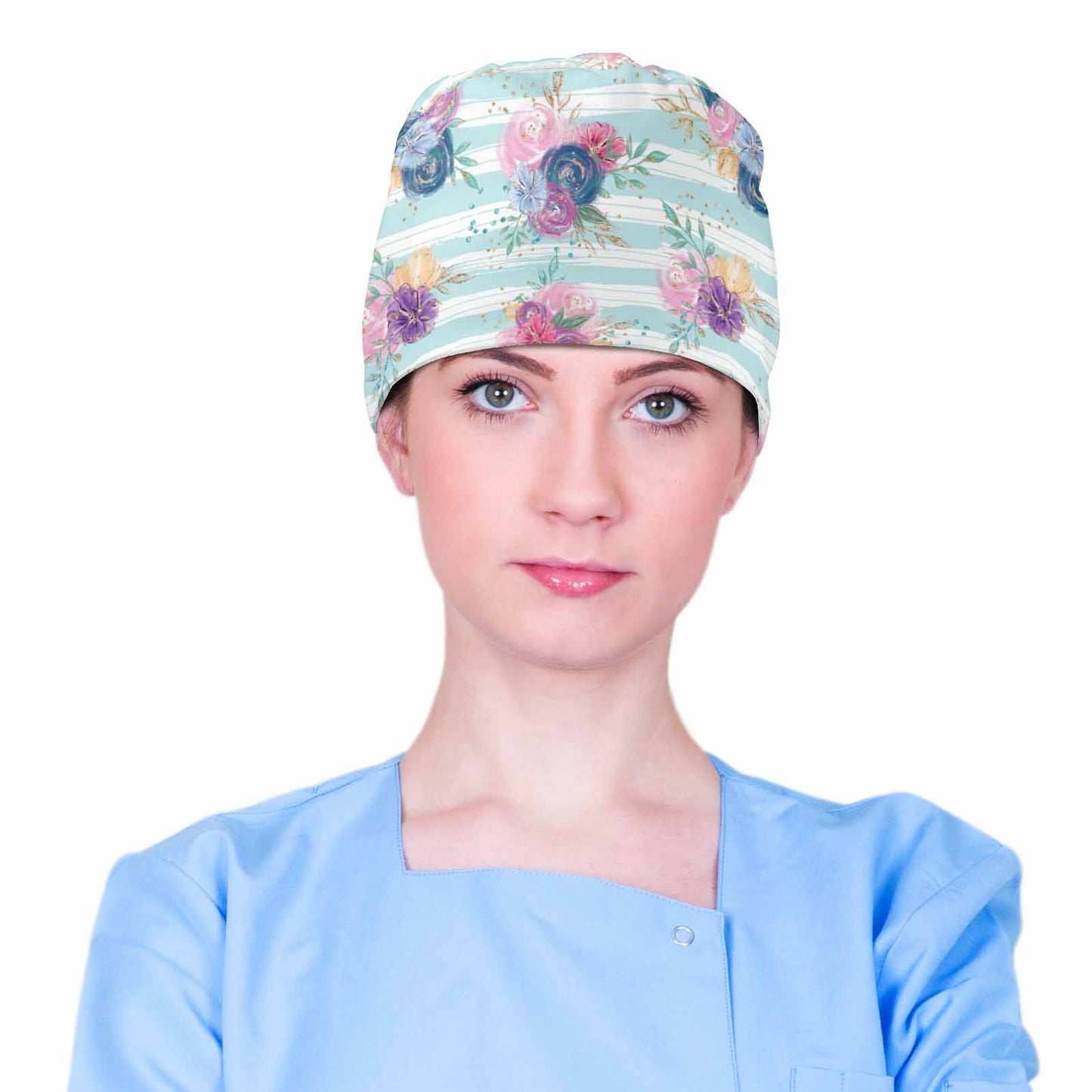 Nurse Scrub Cap Candy Stripe Roses Scrub Cap