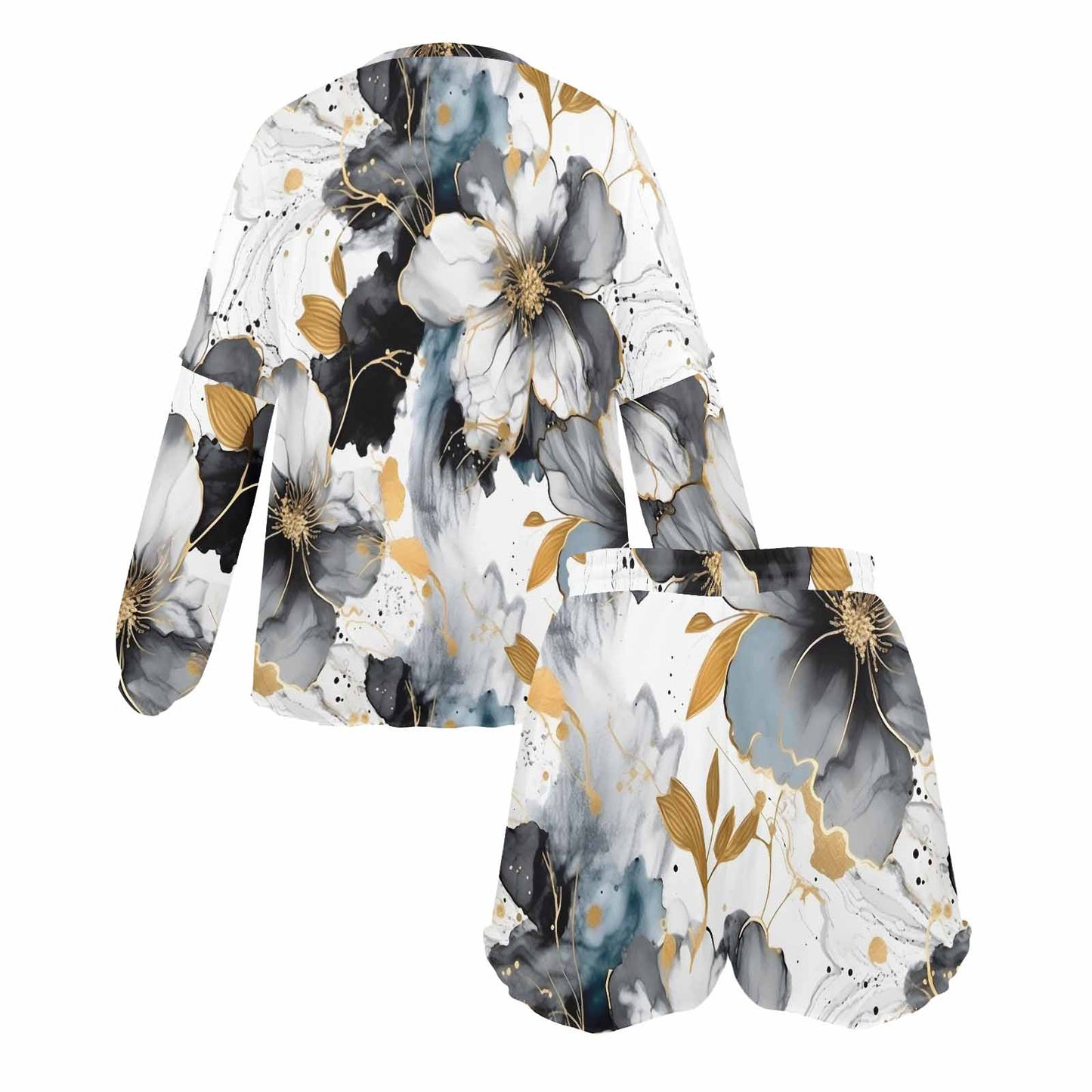 Black White and Gold Women's Long Sleeve Pajama Set with Shorts