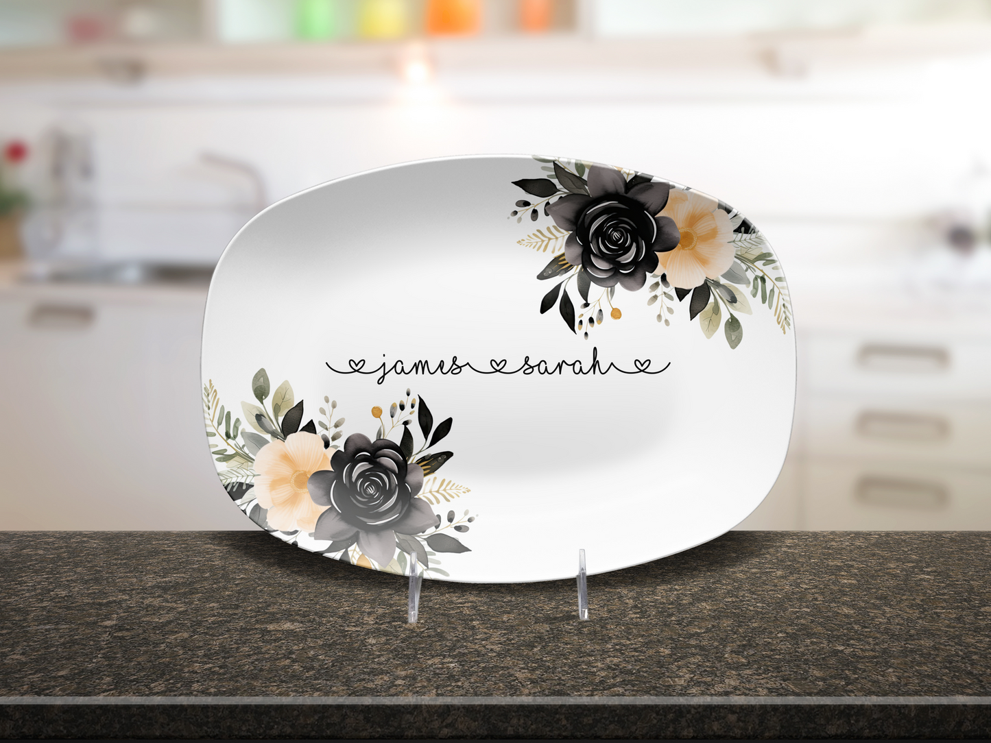 Personalized Floral Plate, Black and Gold Design, Custom Kitchenware, Floral Gifts, Wedding Gift Idea