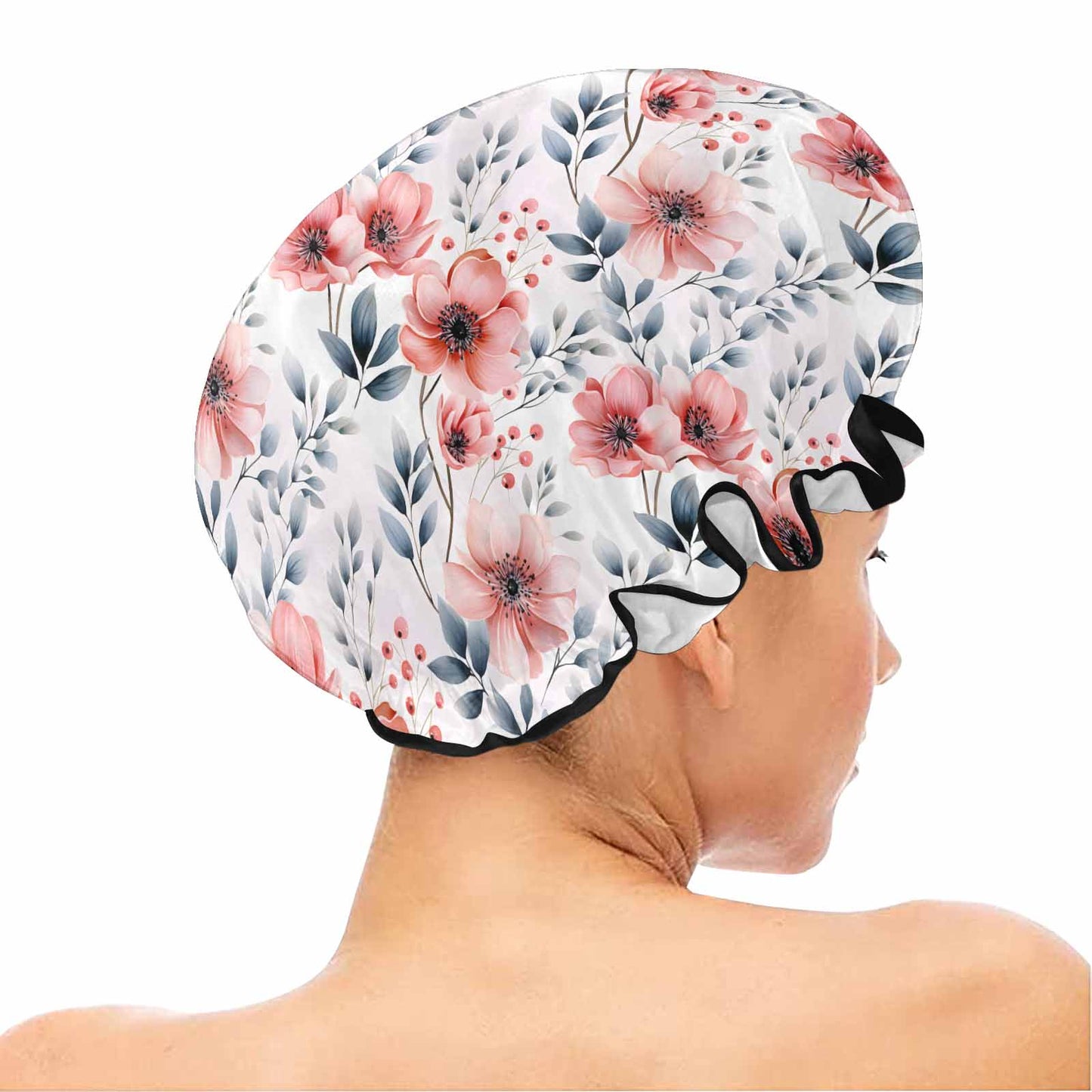 Apricot and Grey Floral Shower Cap