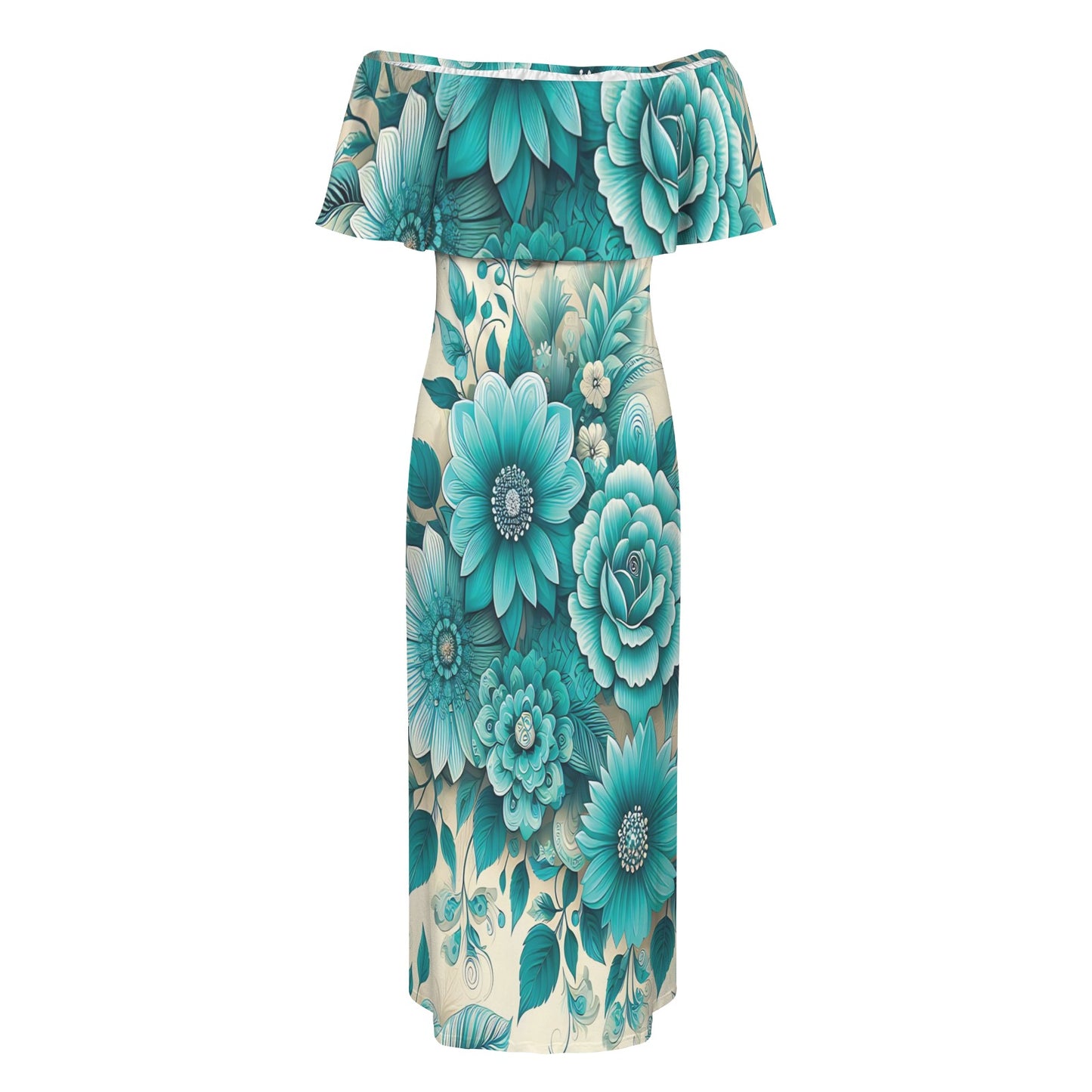 Green and Cream Vintage Floral awd437 Women's Off Shoulder Ruffle Boat Neck Dress (Model D71)