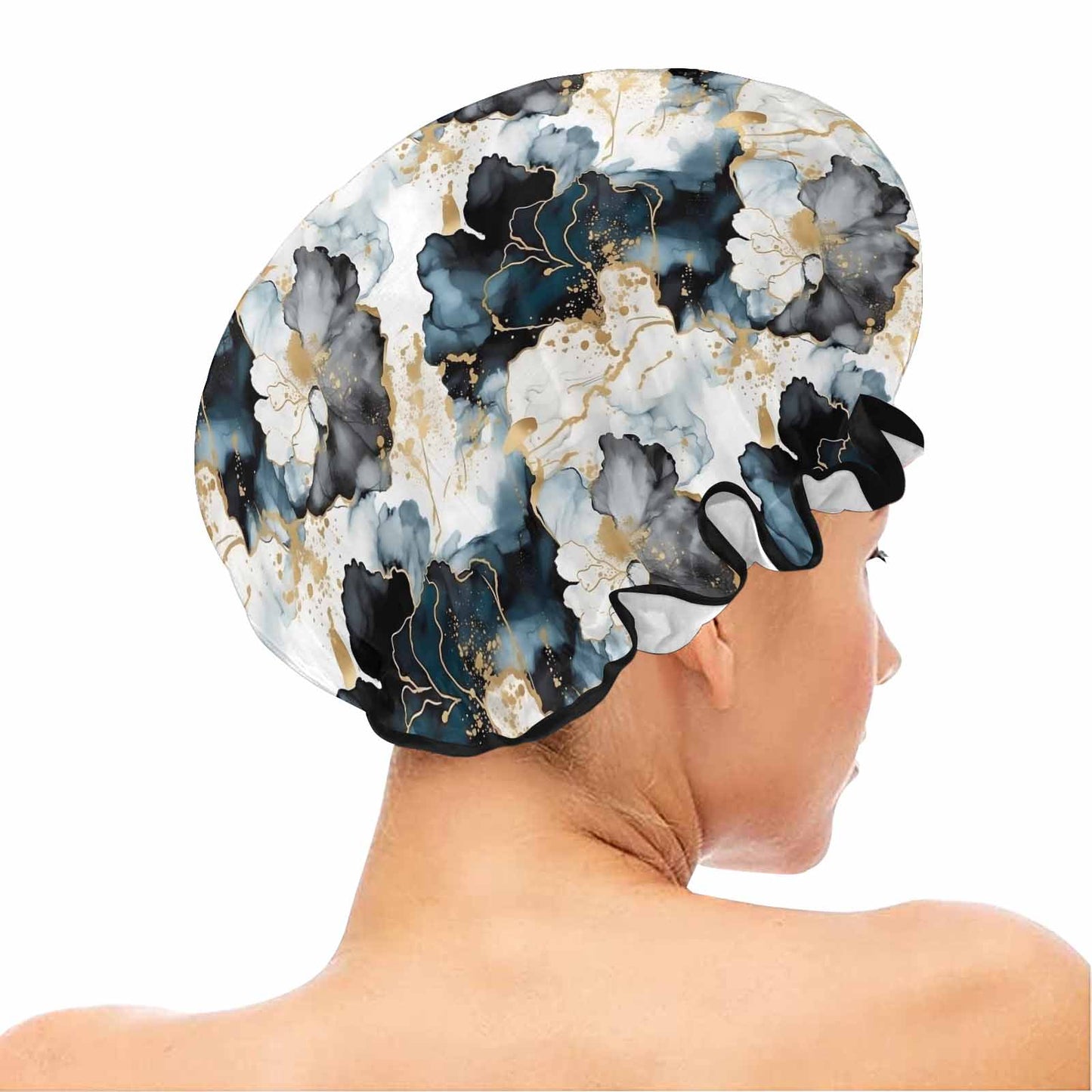 Black Ink Floral Shower Cap