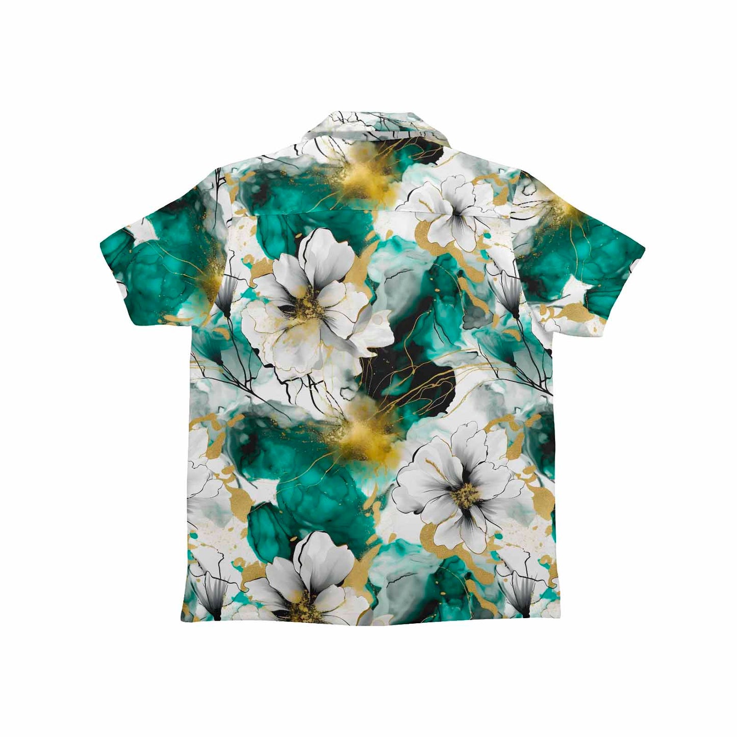Green and White Ink Floral Little Boys Hawaiian Shirt