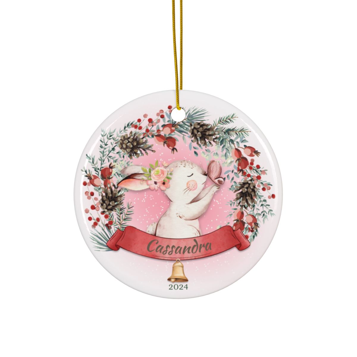 Personalized Rabbit Ornament, Ceramic Holiday Decoration, Christmas Animal Keepsake, Custom Name Ornament, Gift for Kids, Festive Tree Decor