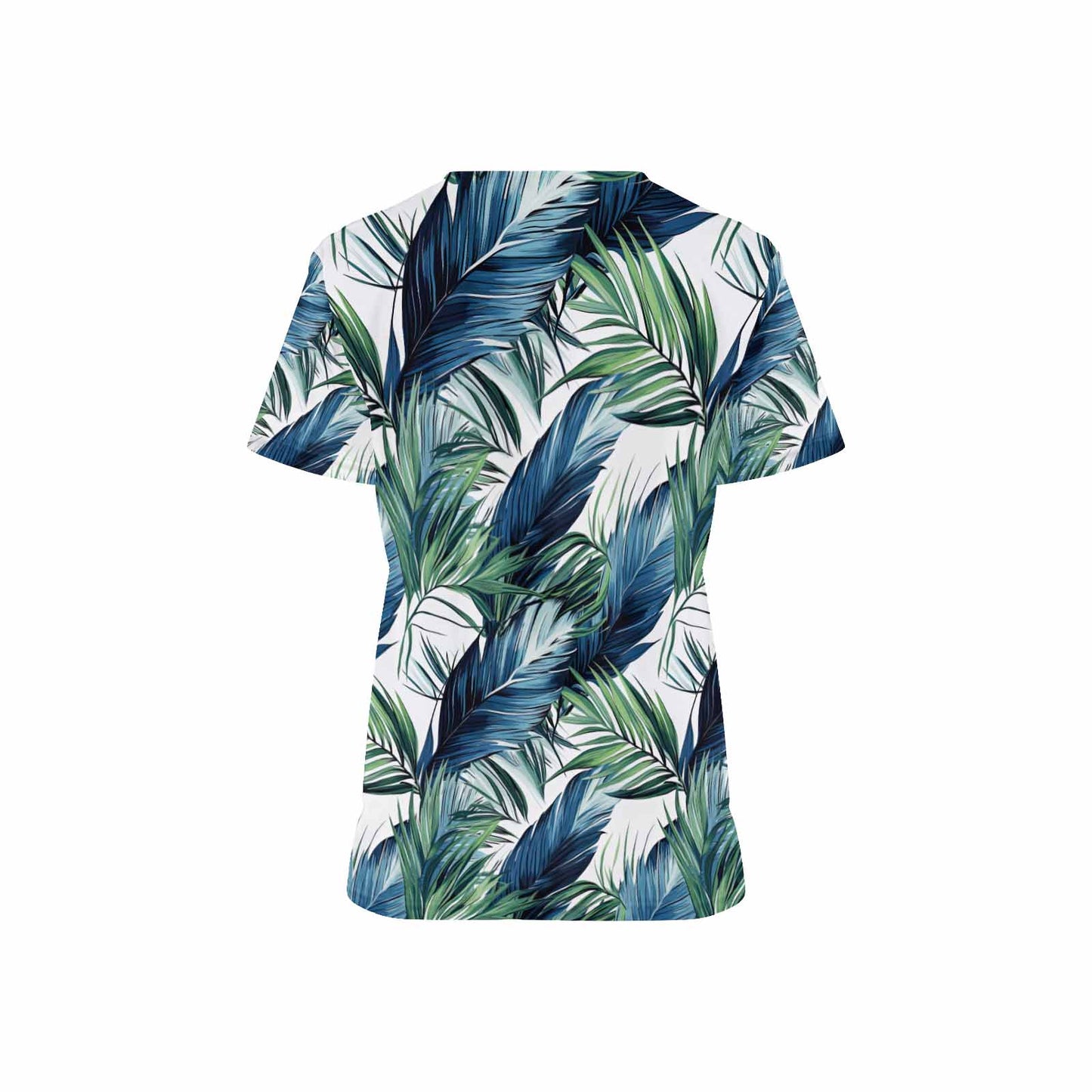 Tropical Leaves Blue and Green Women's V Neck Scrub Top Nurse Uniform with Deep Front Pockets