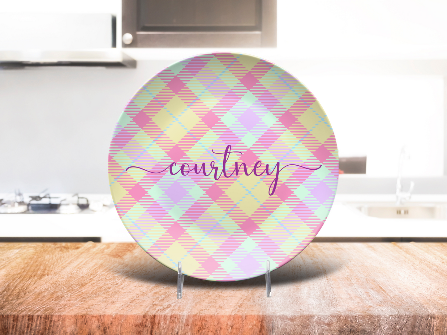 Pastel Plaid Pink Lemon Lilac Personalised Plate