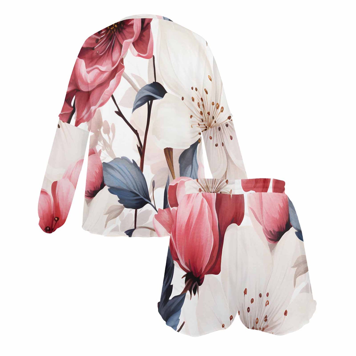Pink Floral Women's Long Sleeve Pajama Set with Shorts