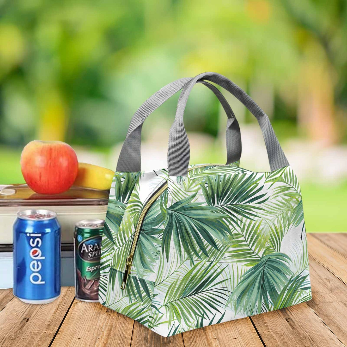 Green Palm Leaves Portable Lunch Bag-Grey Handle