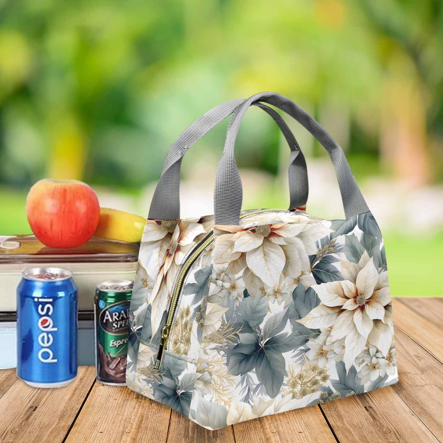 Cream Poinsettia Portable Lunch Bag-Grey Handle