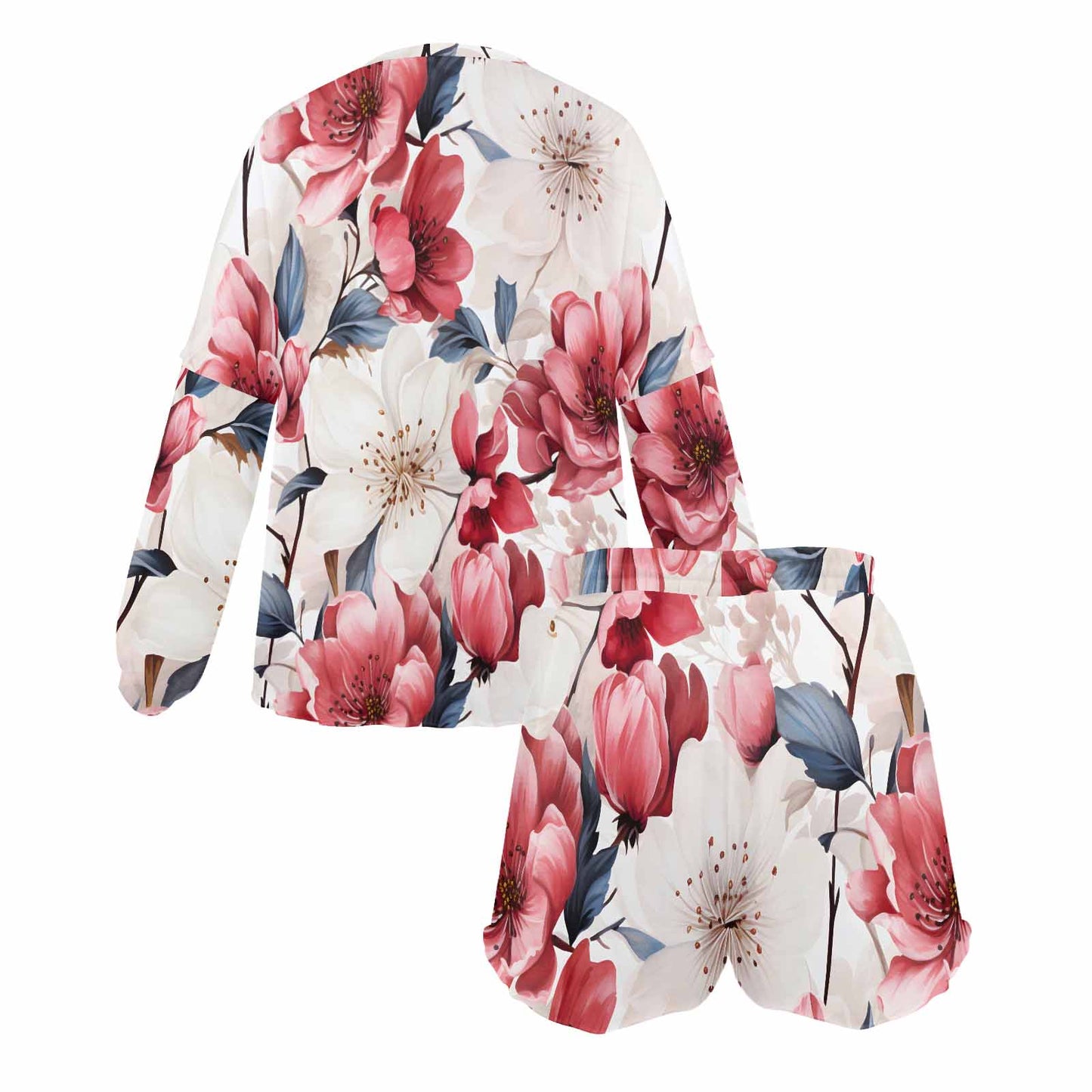 Pink Floral Small Women's Long Sleeve Pajama Set with Shorts