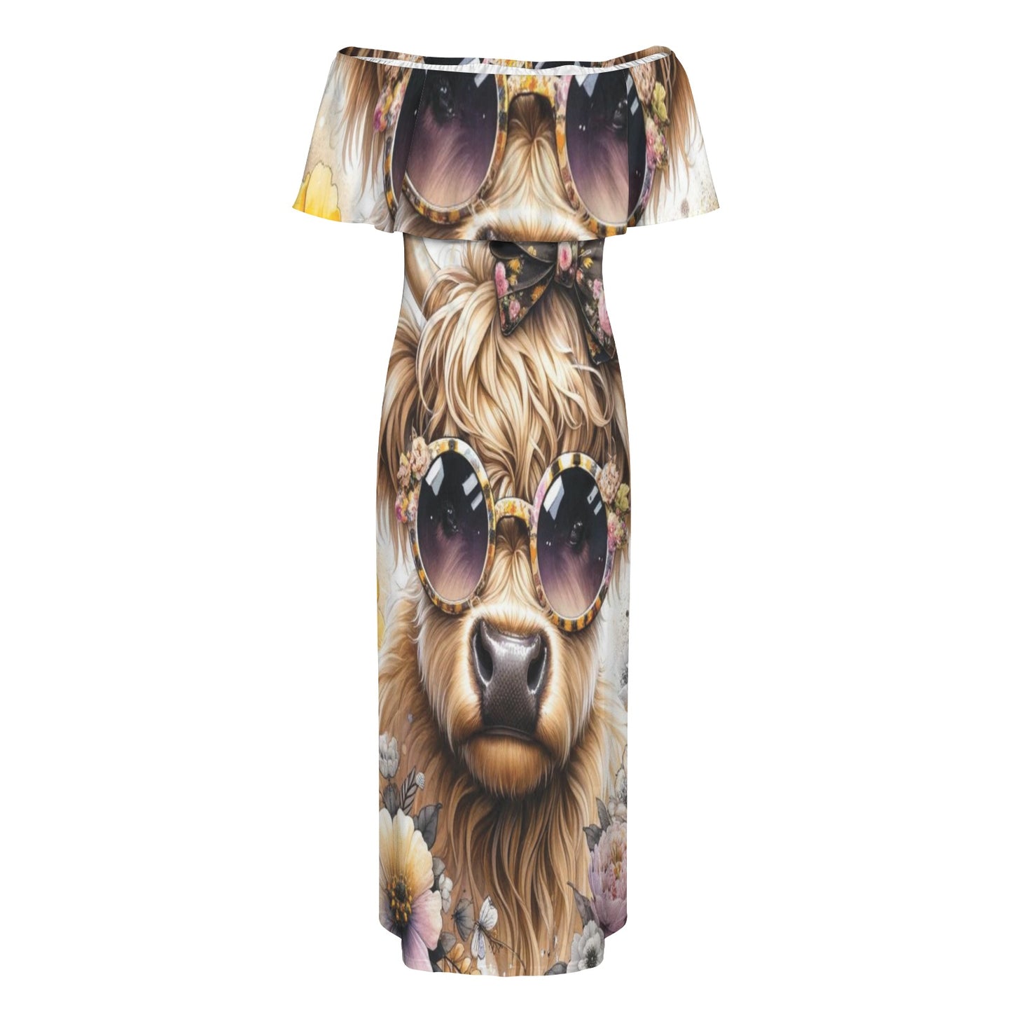 Highland Cow awd701 Women's Off Shoulder Ruffle Boat Neck Dress (Model D71)