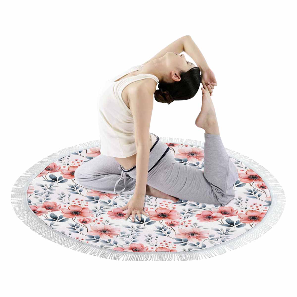 Apricot and Grey Floral Circular Beach Towel Shawl 59"
